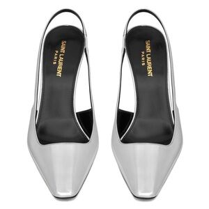 SAINT LAURENT 
silver leather almond toe 
 slingback strap 90mm heel